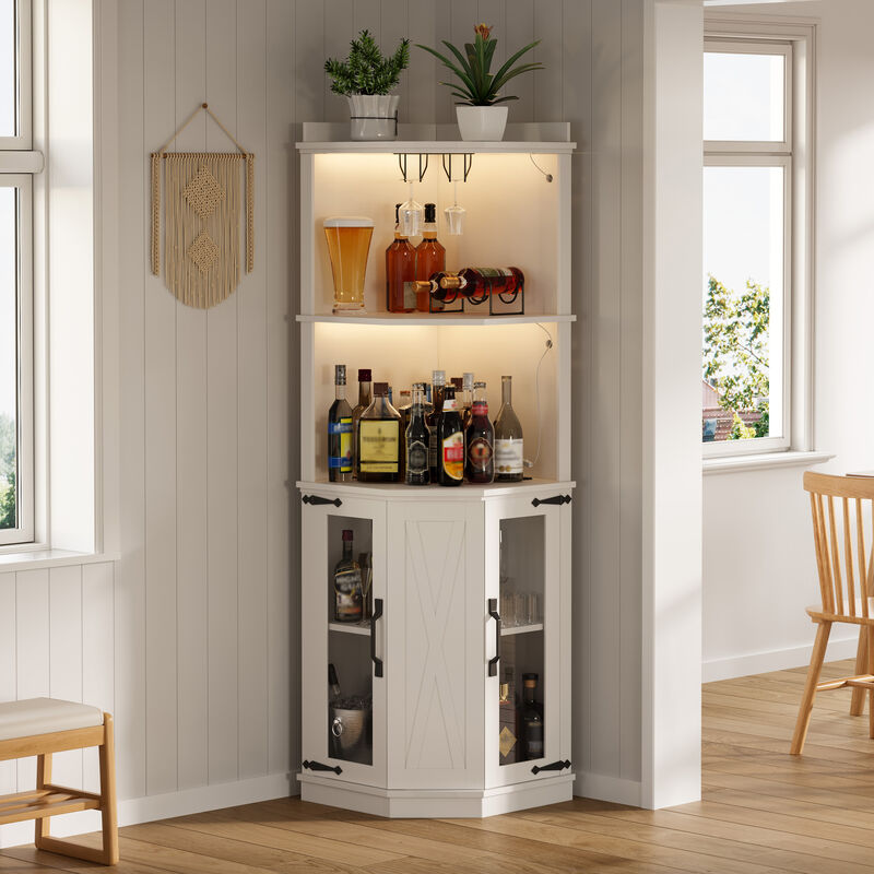 Merax Corner Bar Cabinet with Power Outlet - Farmhouse Style Multifunctional Storage image number 1