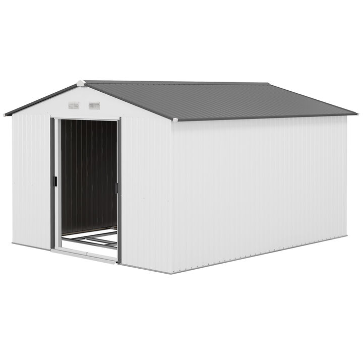 Outsunny 9' x 6' Outdoor Storage Shed, Garden Tool House with Foundation, 4 Vents and 2 Easy Sliding Doors for Backyard, Patio, Garage, Lawn, Silver