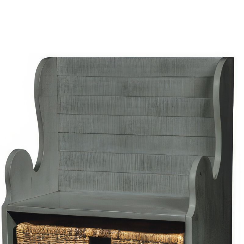 Eulie Hall Foyer Bench Seat w Rattan Basket, Rustic Blue Mahogany Wood - Benzara
