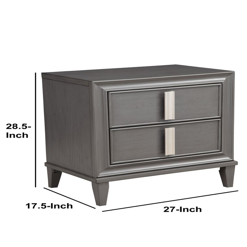 Wooden Nightstand With Two Drawers and Tapered Legs, Gray and White-Benzara