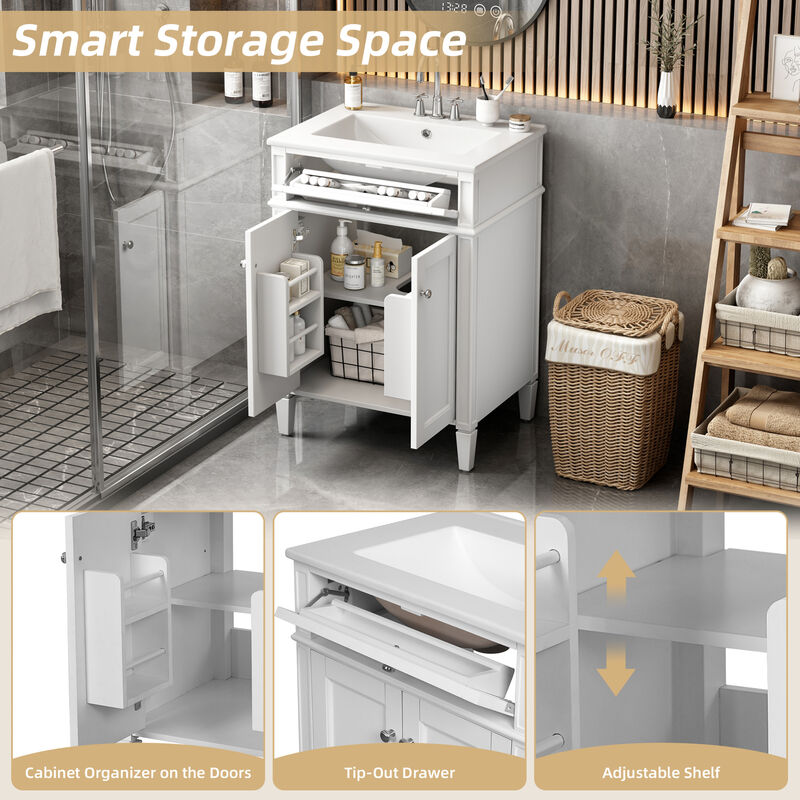 ELEMENT ACE 24 Inch Bathroom Vanity with 2 Doors, Tip-Out Drawer and Sink, Soft-Closing Doors with Organizers Adjustable Shelf Compact Space-Saving Bathroom Storage Cabinet image number 7