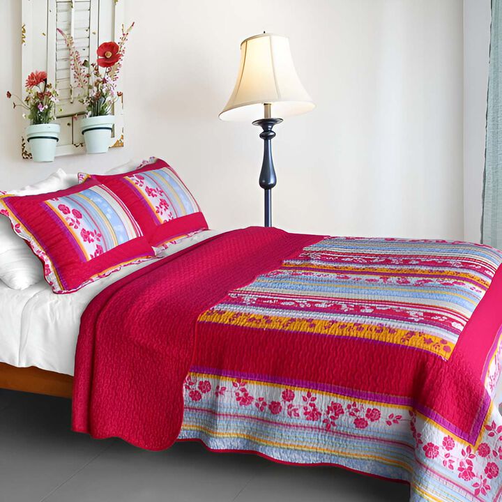 Vermicelli Quilted Cotton Floral Printed Quilt Set Queen Size Blooming Garden Design Set