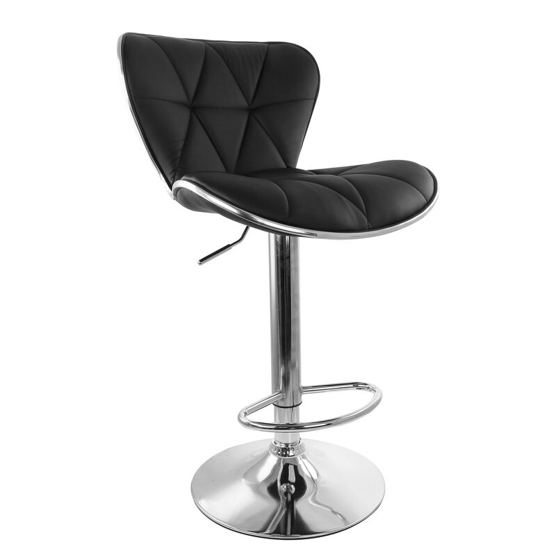 Elama 2 Piece Diamond Tufted Faux Leather Adjustable Bar Stool in Black with Chrome Trim and Base