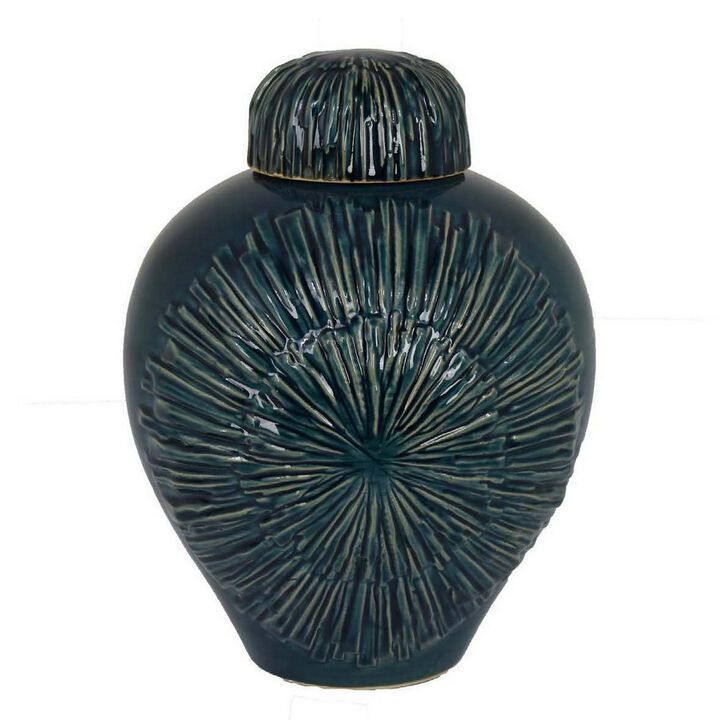 Accent Flower Vase w Lid, Rich Textured Deep Blue Ceramic, 13 Inch - Benzara