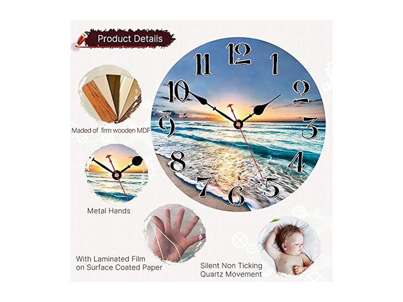 Ocean Wave Pattern Wooden Wall Clock 14 Inch Silent Non Ticking Easy Read Wood image number 2