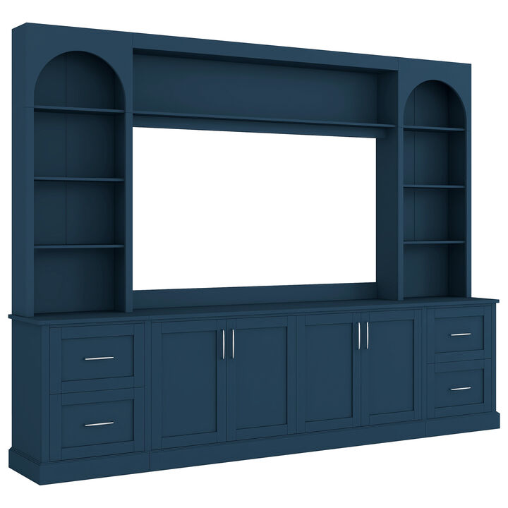 Merax All-in-One TV Stand with Arched Design, 4 Drawers, Adjustable Shelves, Built-in Cable Holes