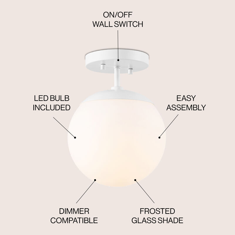 Marcel 1-Light Bohemian Farmhouse Iron/Frosted Glass LED Semi Flush Mount