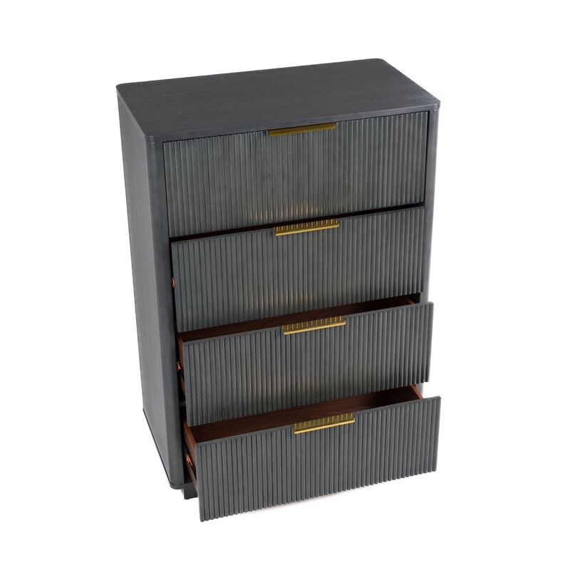 Noe Celia Tall Dresser Chest, 4 Drawers, Retro Luxe Gray Solid Wood - Benzara