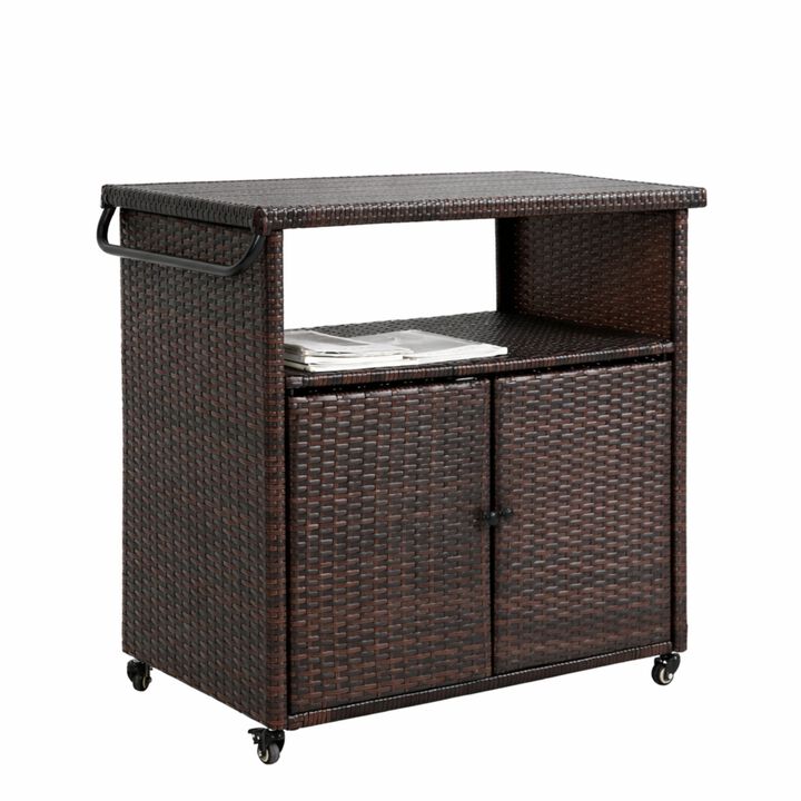 ELEMENT ACE Outdoor Wicker Bar Cart with Wheels and Glass Tabletop for Patio Serving and Entertainment