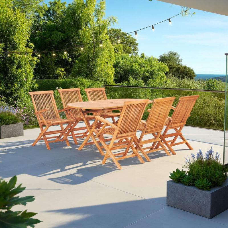 Sam 7pc Outdoor Dining Table Set, 6 Folding Chairs, Brown Teak Wood - Benzara