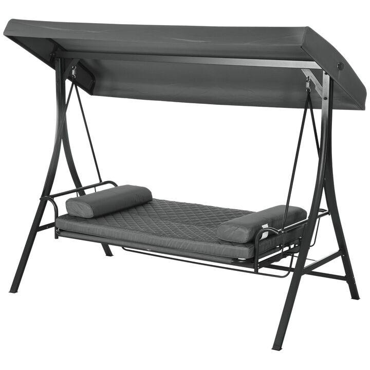 Outsunny 3 Person Patio Swing Chair Bed, Converting Flatbed, Outdoor Porch Swing Bed Glider with Adjustable Canopy, Removable Cushions, Pillows, for Garden, Poolside, Backyard, Gray