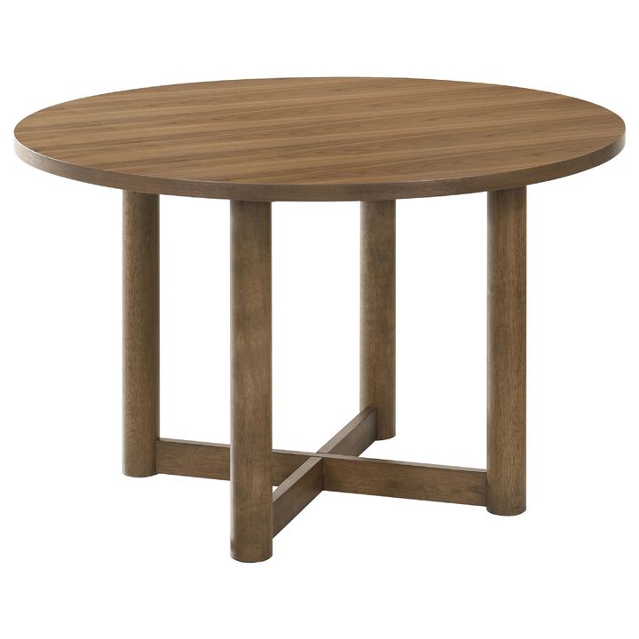 Billie 5pc Round Dining Table and 4 Chairs Set, Walnut Brown and Beige - Benzara