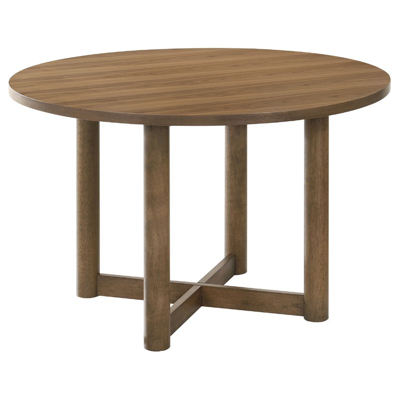 Billie 5pc Round Dining Table and 4 Chairs Set, Walnut Brown and Beige - Benzara