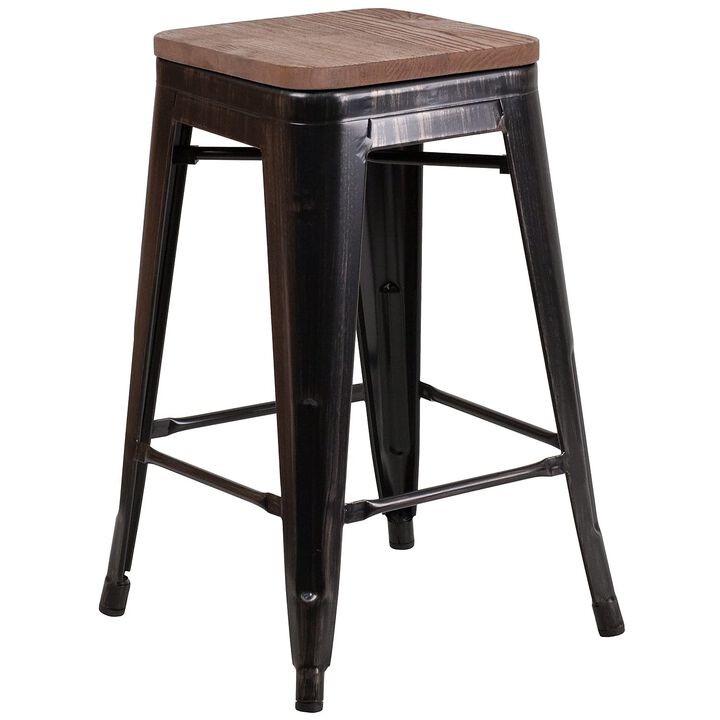 Flash Furniture Lily 24" High Backless Black-Antique Gold Metal Counter Height Stool with Square Wood Seat