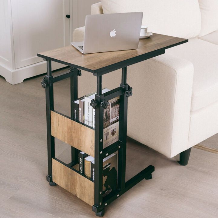 C-Shape Mobile Snack End Table with Storage Shelves