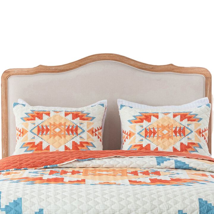 2pc Twin Quilt and Pillow Sham Set, Geometric Motifs, Multicolor Microfiber - Benzara