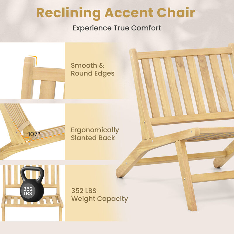 Outdoor Reclining Chair with Teak Wood Frame and Comfortable Backrest