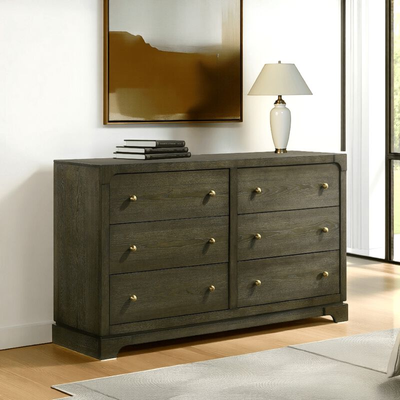 Seon Wide Dresser, 6 Drawers with Brass Knobs, Dark Cocoa Brown Wood - Benzara