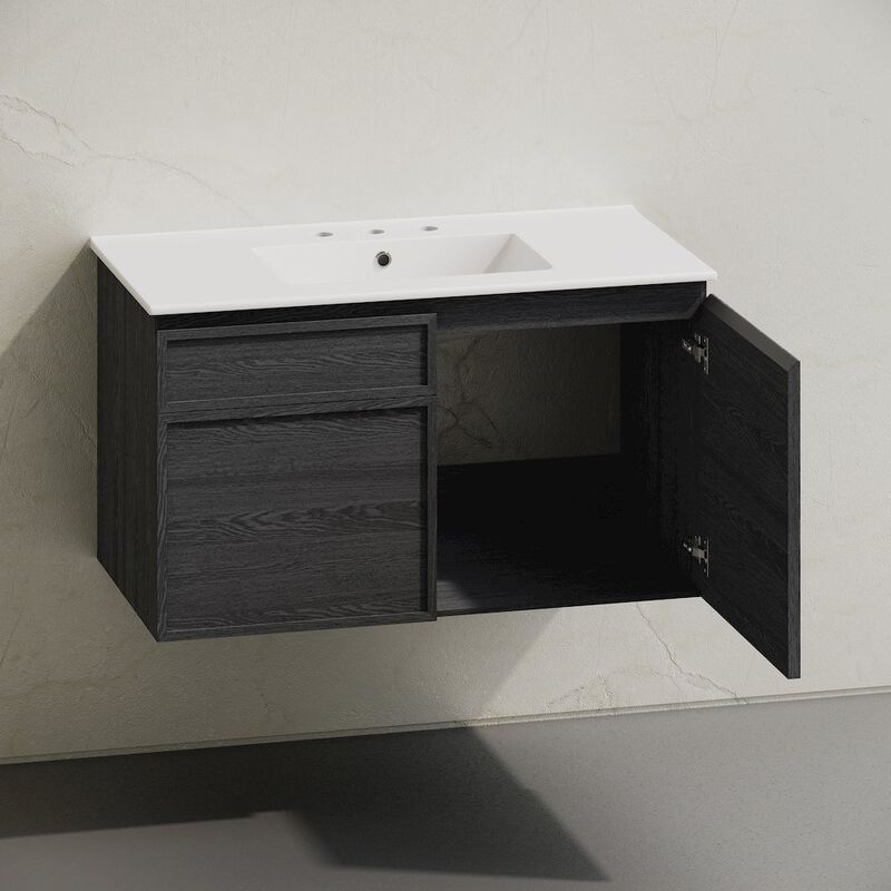 36" Wall-Mounted Bathroom Vanity in Black Oak with 3-Hole Widespread Sink Top image number 3