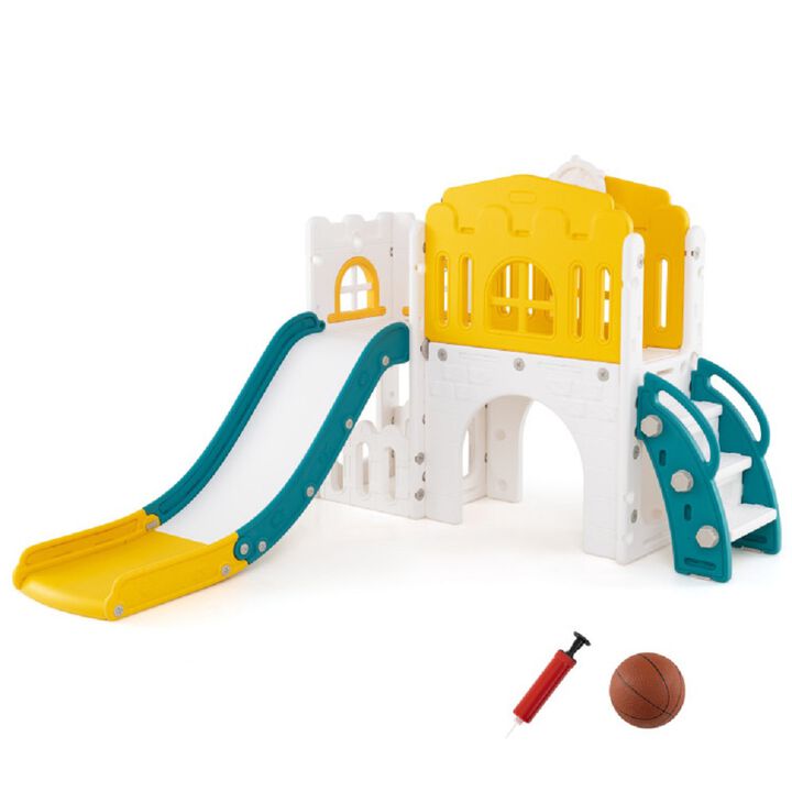 L-Shaped 9 in 1 Toddler Slide with Basketball Hoop and Steering Wheel for Kids