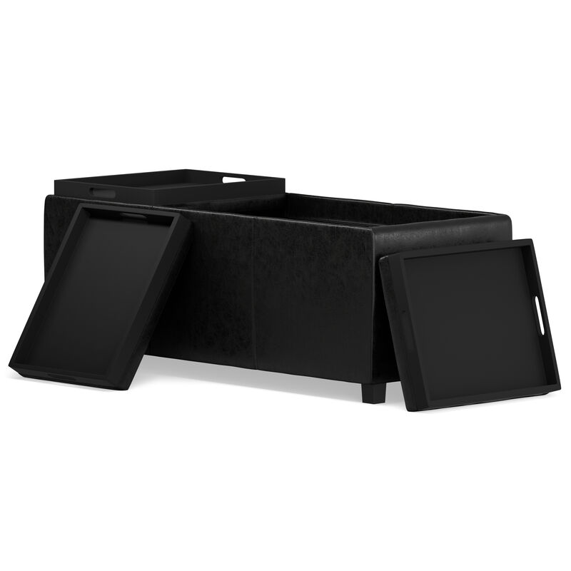 Avalon 42 inch Wide Contemporary Rectangle Storage Ottoman in Distressed Black Vegan Faux Leather, Assembled