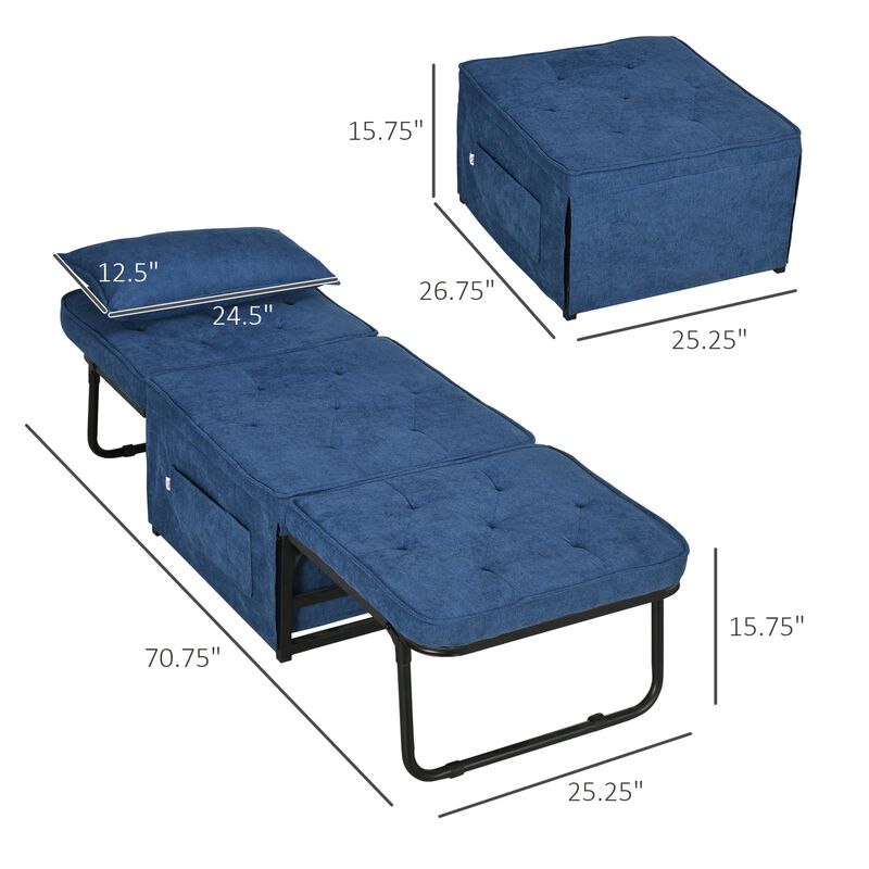 Ottoman Sofa Bed, 4 in 1 Multi-Function Button Tufted Folding Sleeper Chair Bed with Adjustable Backrest, Pillow, Side Pocket for Home Office, Bedroom, Living Room, Blue