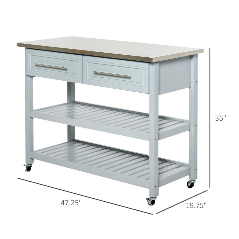 Mobile Kitchen Assistant: Gray Utility Cart with Stainless Top & Drawers