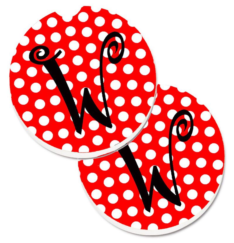 Caroline's Treasures Monogram - Initial W Red black Polka Dots Set of 2 Cup Holder Car Coasters CJ1012-WCARC, 2.56, Multicolor