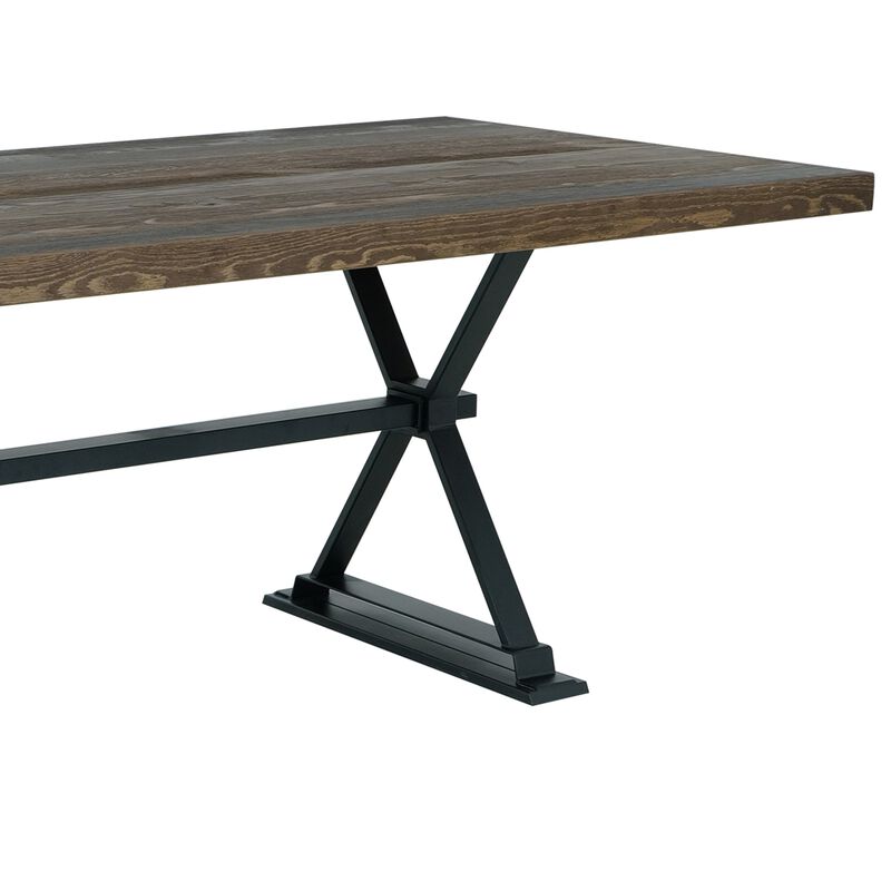 Tinaa Dining Table, Industrial Trestle Base, Brown Pine Wood, 79 Inch - Benzara