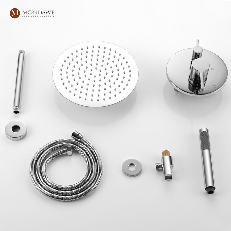 Mondawe Round 1-Spray Patterns Balance Valve Shower Faucets Set with 2.5 GPM Ceiling Mount Dual Shower Heads in Chrome