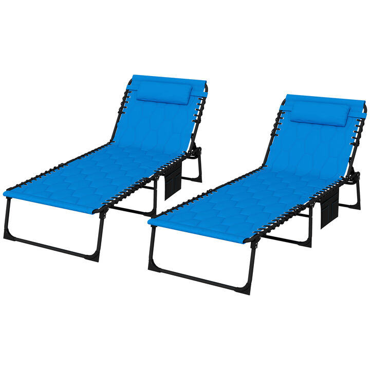 Outsunny Folding Chaise Lounge Set with 5-level Reclining Back, Outdoor Lounge Chairs with Build-in Padded Seat, Outdoor Tanning Chairs with Side Pocket, Headrest for Beach, Yard, Patio, Blue