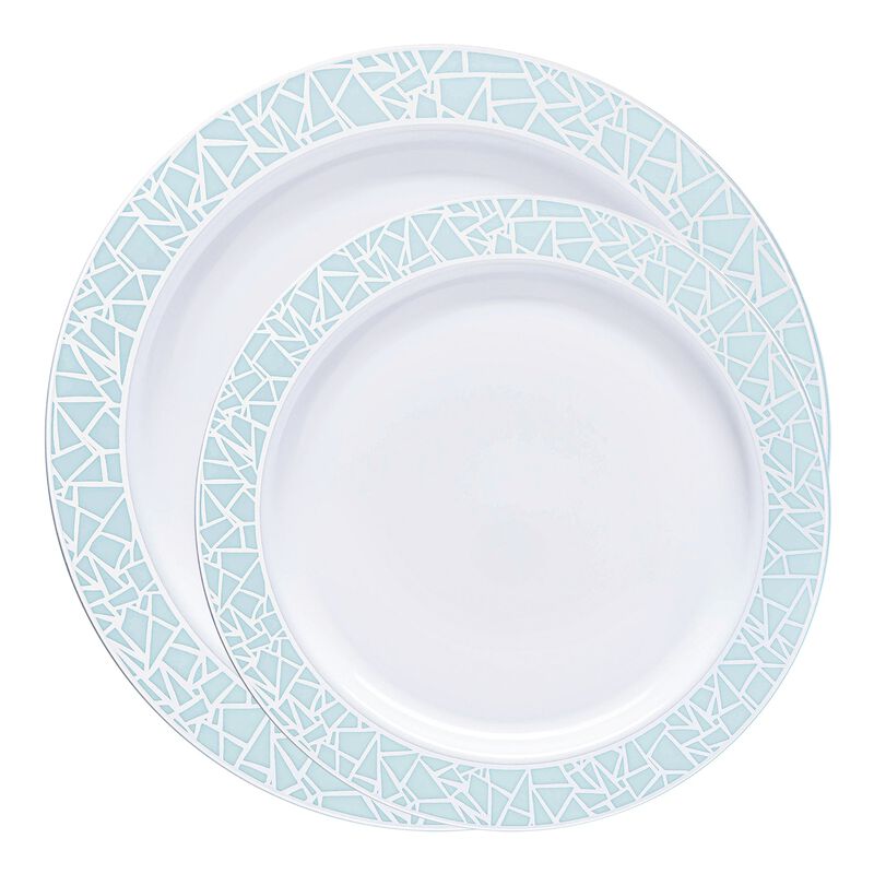 White with Turquoise Blue and Silver Mosaic Rim Dinnerware Value Set (40 Sets) image number 0