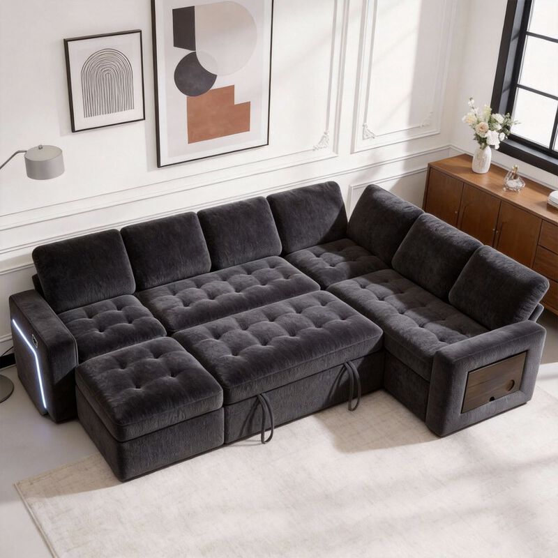 102" L-Shaped Chenille Modular Sectional Sleeper Sofa with Pullout Bed, Reclining Backrest, USB image number 9