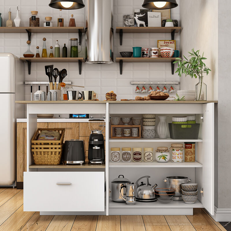 White/Oak Wood 59.1 in. W Kitchen Island Dining Table With Adjustable Shelves and Drawer