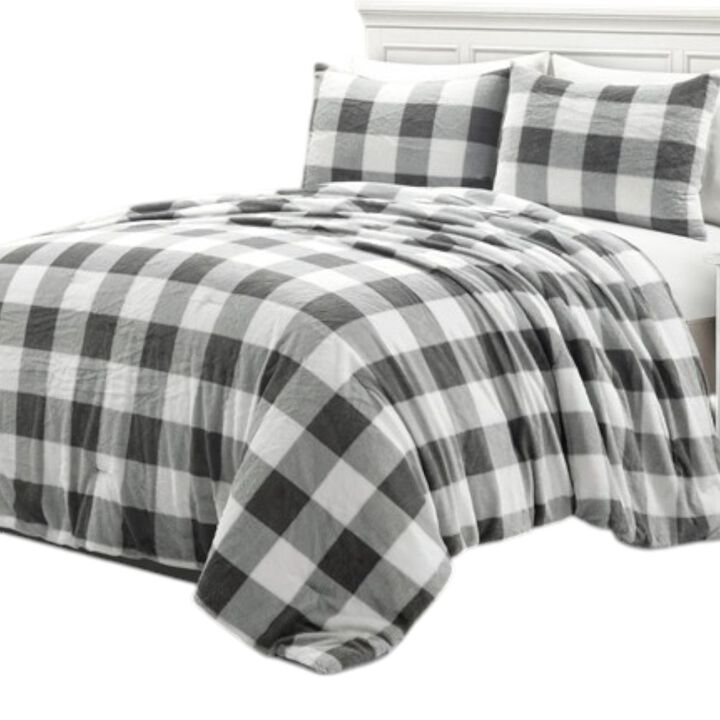 Hivvago Full/Queen Size Plaid Soft Faux Fur Comforter Set in Black White Grey