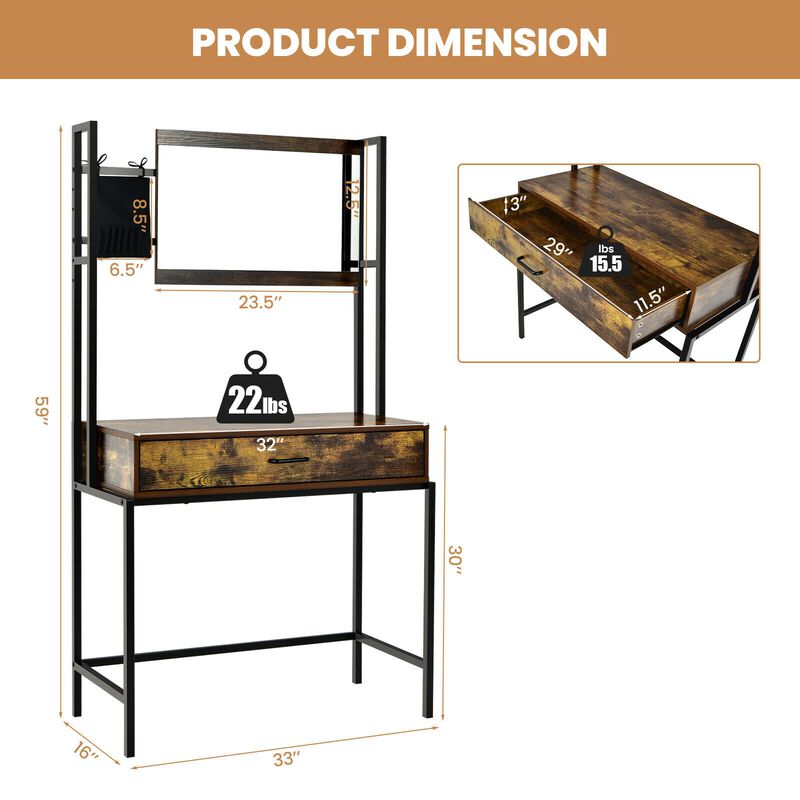 Industrial Vanity Table with 3-Height Adjustable Mirror Bag