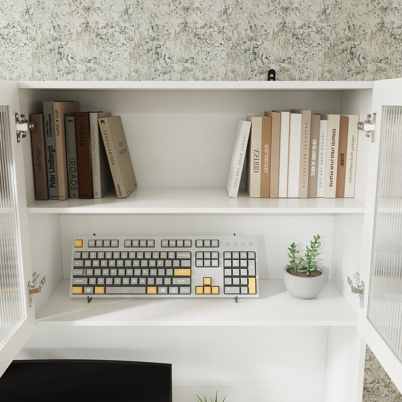 FUFU&GAGA 4-Glass Door Office Desk with 6-Drawer Metal Handles and Magazine Rack 63''L x 23.6''W x 78.7''H White image number 8