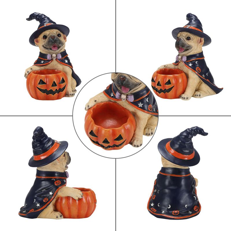 Worip Halloween Resin Dog Witch Figurine with Pumpkin Candy Bowl image number 8