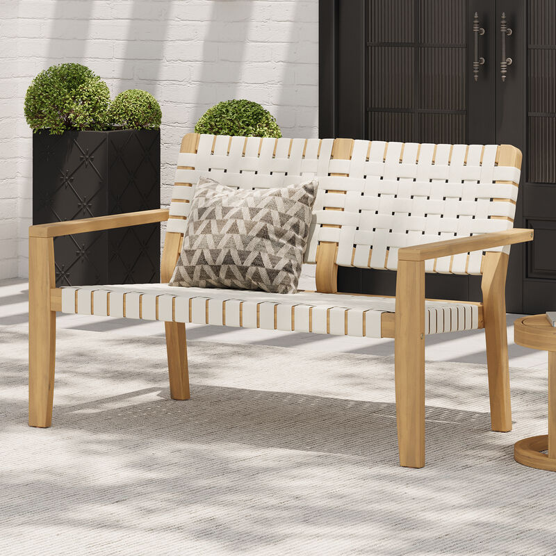 Merax Premium Acacia Wood Outdoor Loveseat Stylish Black Rope Weaving Design image number 2