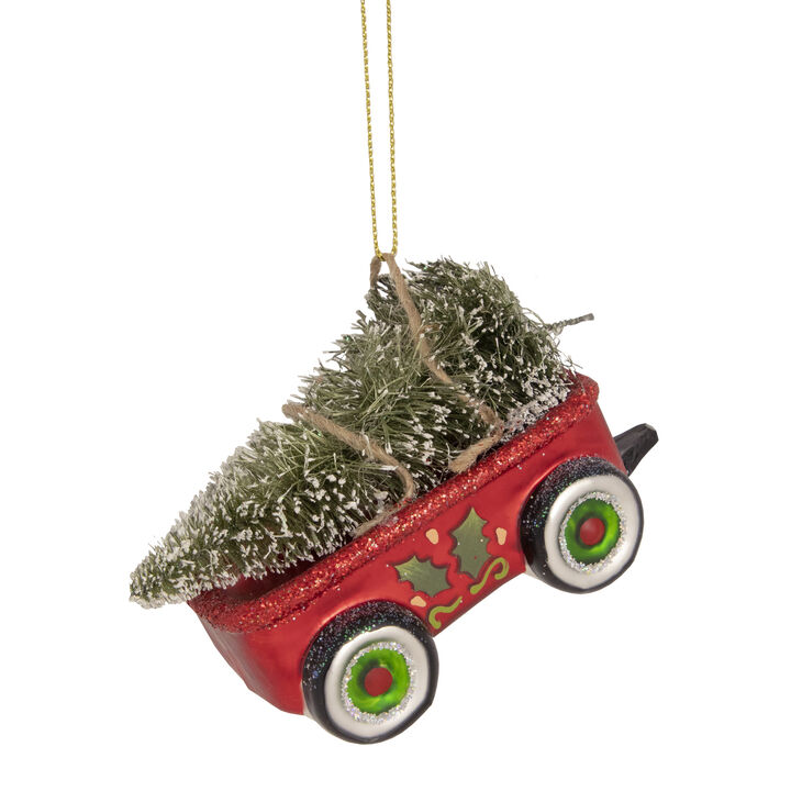 4.5" Red Glittered Wagon with Tree Christmas Ornament