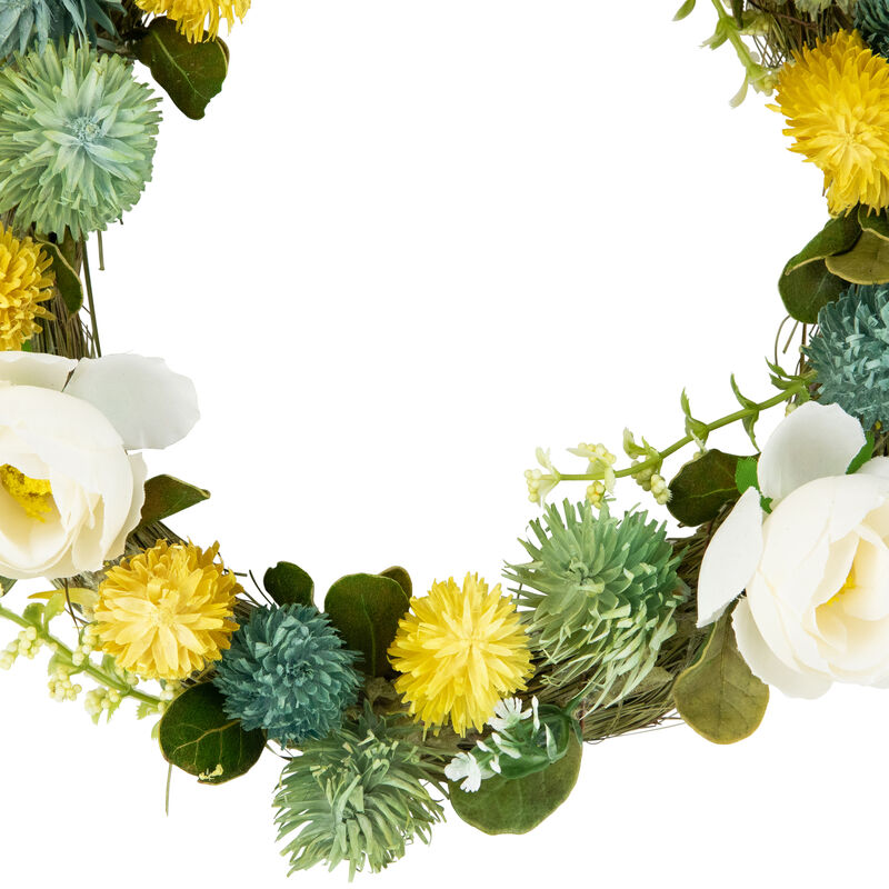 9" Cream Rose  Green and Yellow Thistle Hanging Spring Wreath
