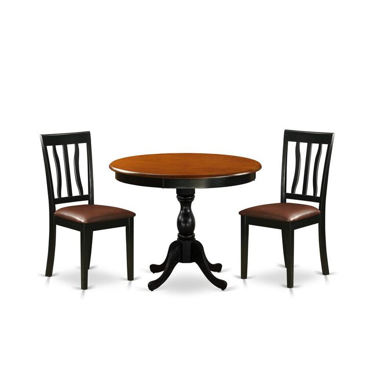 East West Furniture 3-Piece Dining Room Table Set Consists of a Modern Kitchen Table and 2 Faux Leather Kitchen Chairs with Slatted Back - Black Finish