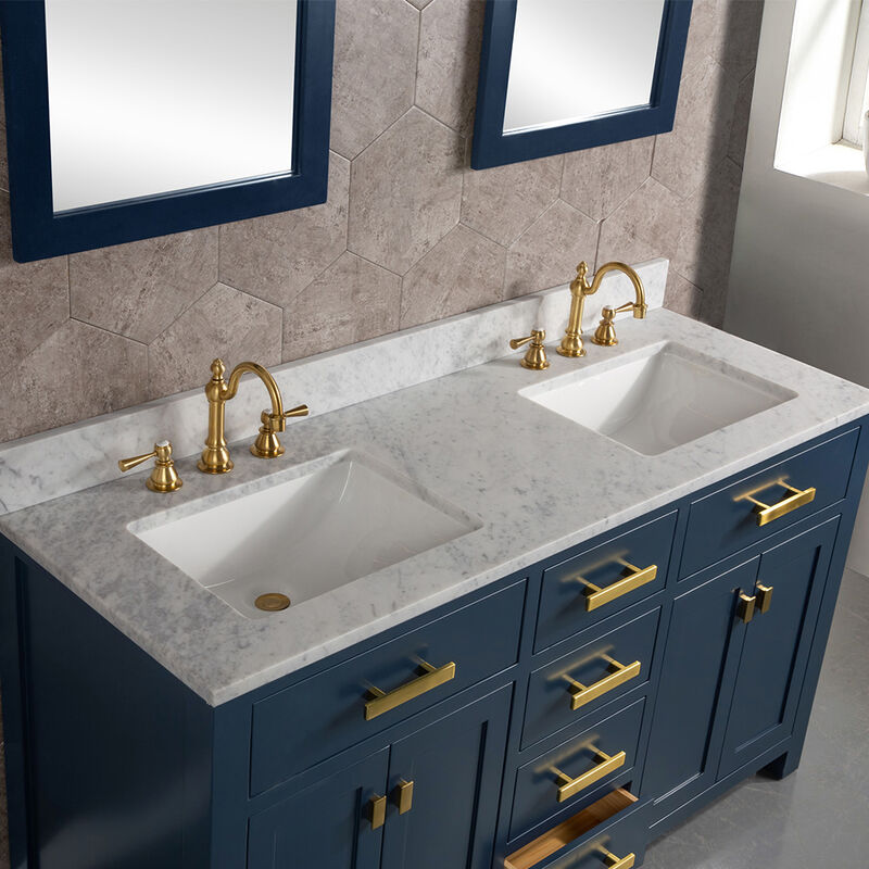 Madison 60 In. Double Sink Carrara White Marble Countertop Bath Vanity In Monarch Blue with Satin Gold Hardware
