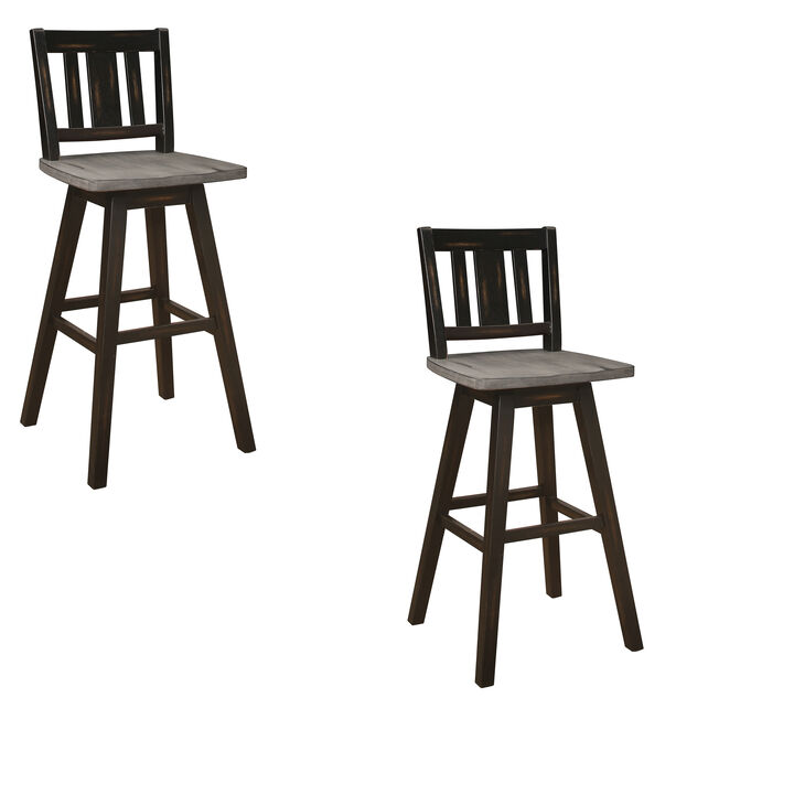 Ati 29 Inch Bar Height Stool Swivel Chairs Set of 2, Vertical Slat Back, Gray, Black