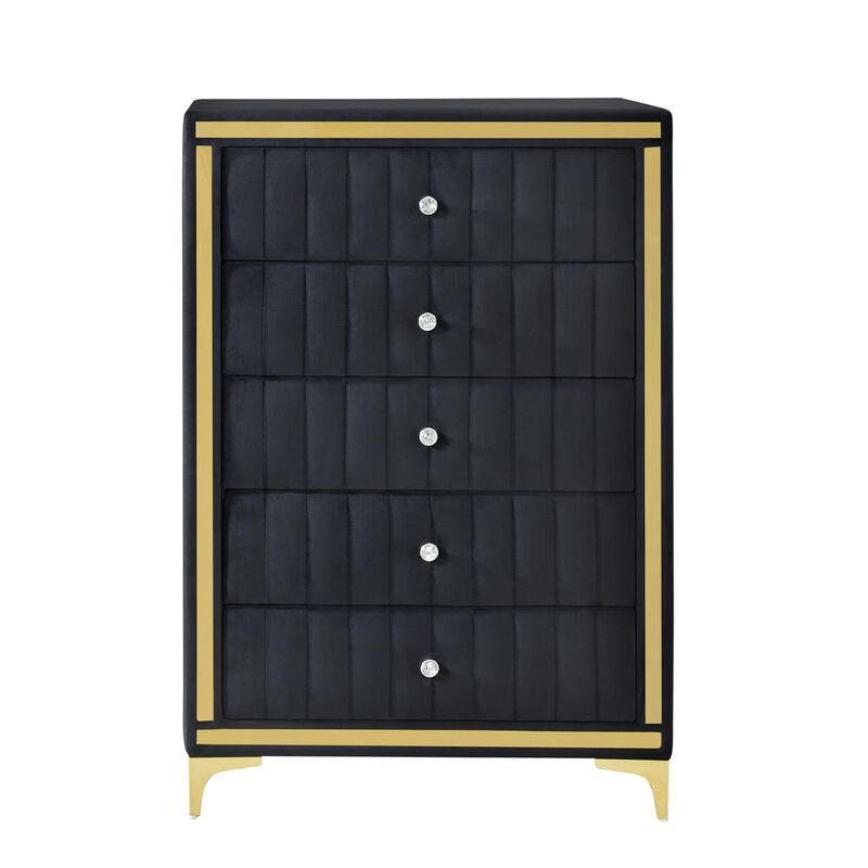 Upholstered 5-Drawer Chest Dresser with Gold Legs and Gold Trim
