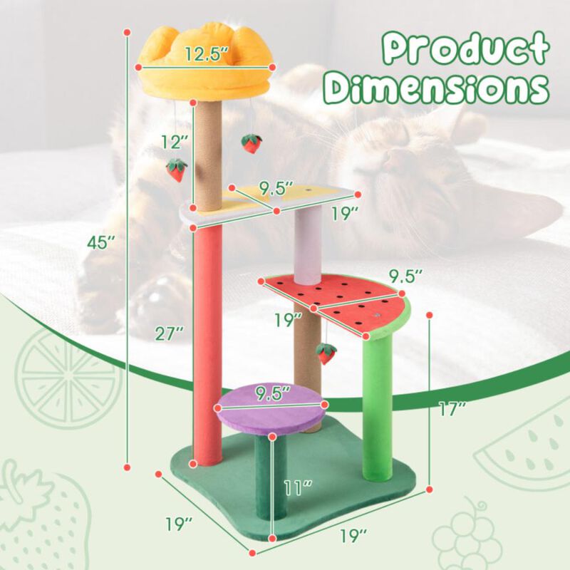 Hivvago 45 Inch Multi-Level Cat Tree with Plush Padded Top Perch and Fruit-Shaped Platforms