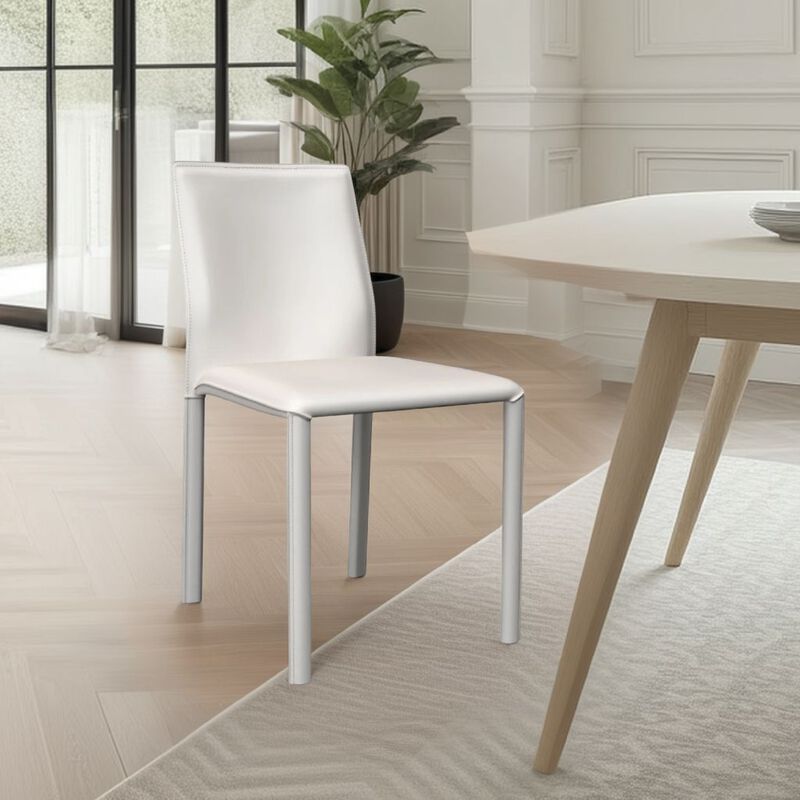 Nuwo Side Dining Chair Set of 2, White Faux Leather, Modern Metal Legs