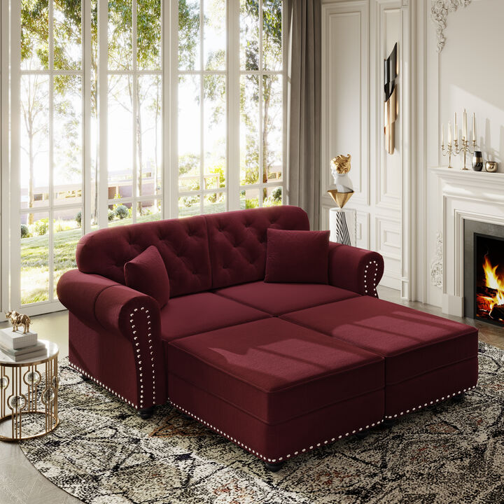 Merax Chesterfield Velvet Loveseat Sofa with Ottomans
