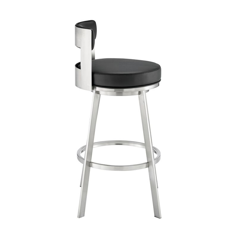 Ami 26 Inch Swivel Counter Stool Chair, Black Faux Leather, Stainless Steel - Benzara