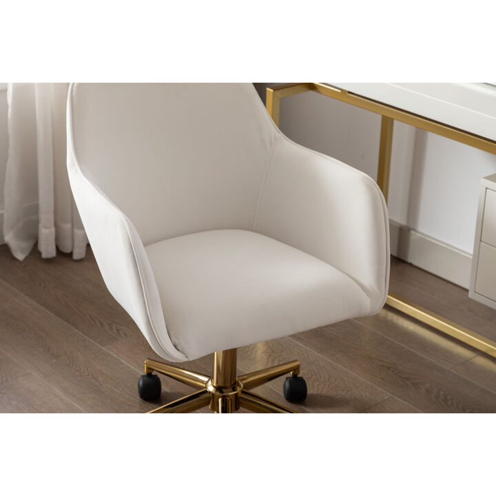 Modern Velvet Fabric Material Adjustable Height 360 revolving Home Office Chair with Gold Metal Legs and Universal Wheels for Indoor, Ivory